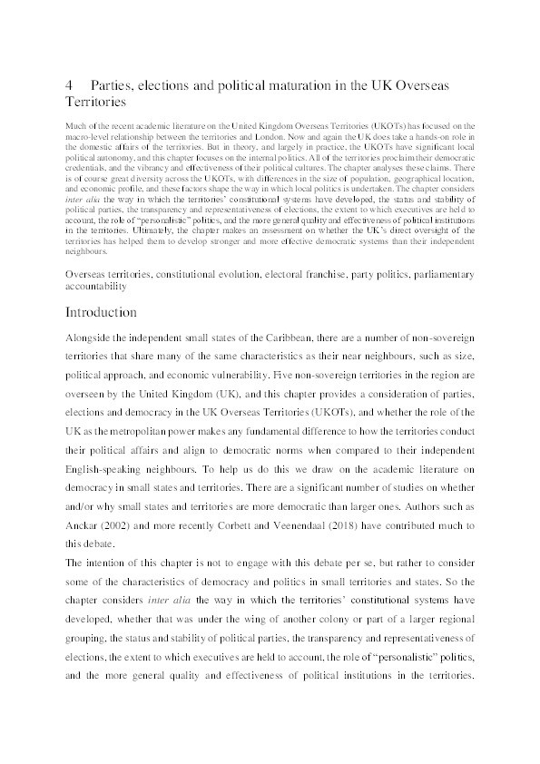 Parties, elections, and political maturation in the UK overseas territories Thumbnail