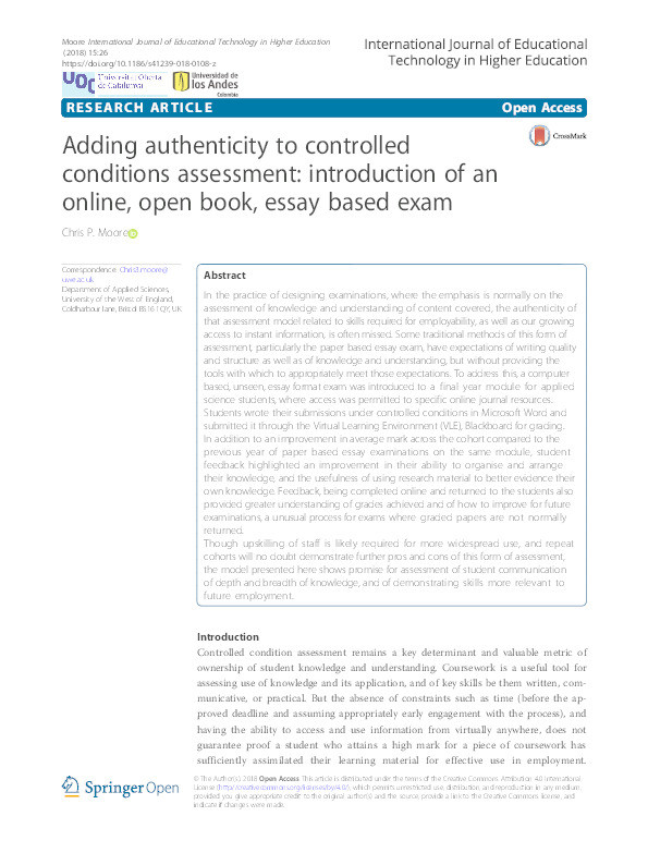 Adding authenticity to controlled conditions assessment: introduction of an online, open book, essay based exam Thumbnail