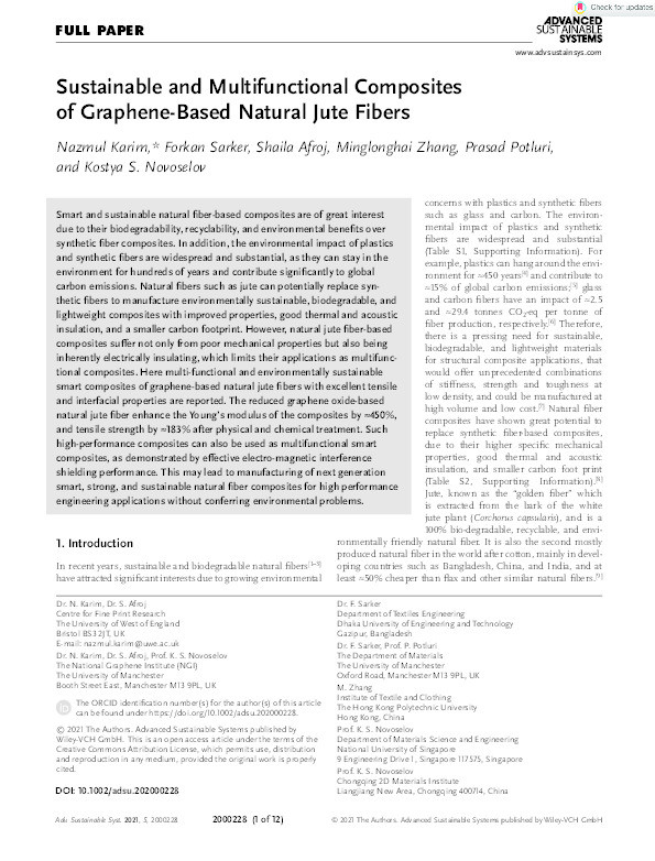 Sustainable and multifunctional composites of graphene-based natural jute fibers Thumbnail