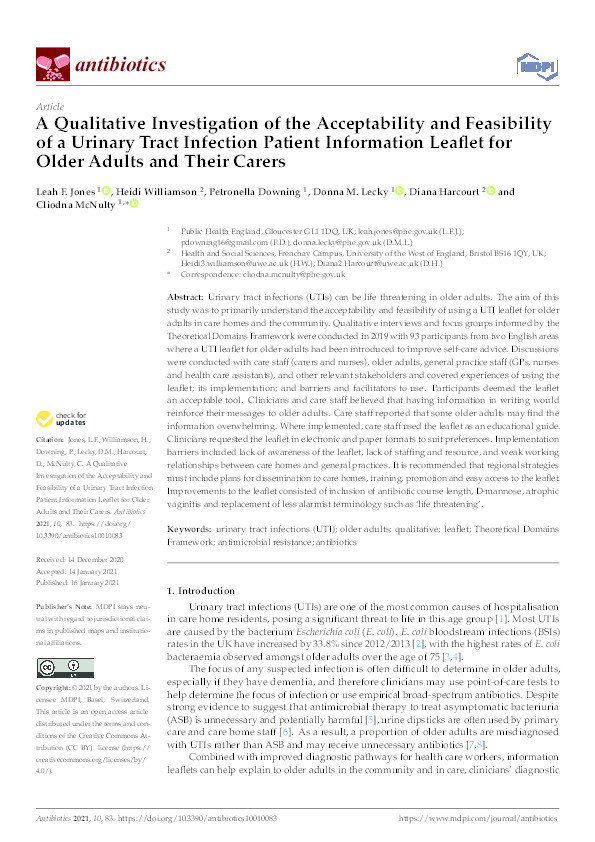 A qualitative investigation of the acceptability and feasibility of a urinary tract infection patient information leaflet for older adults and their carers Thumbnail