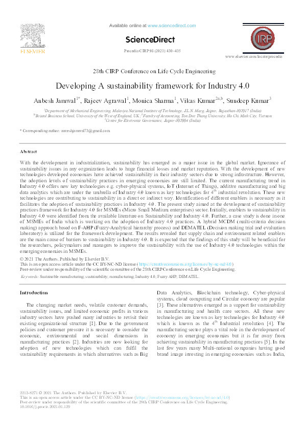 Developing A Sustainability Framework For Industry 4 0