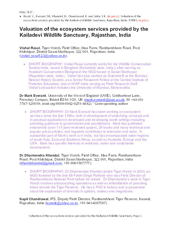 Evaluation of the ecosystem services provided by the Kailadevi Wildlife Sanctuary, Rajasthan, India Thumbnail