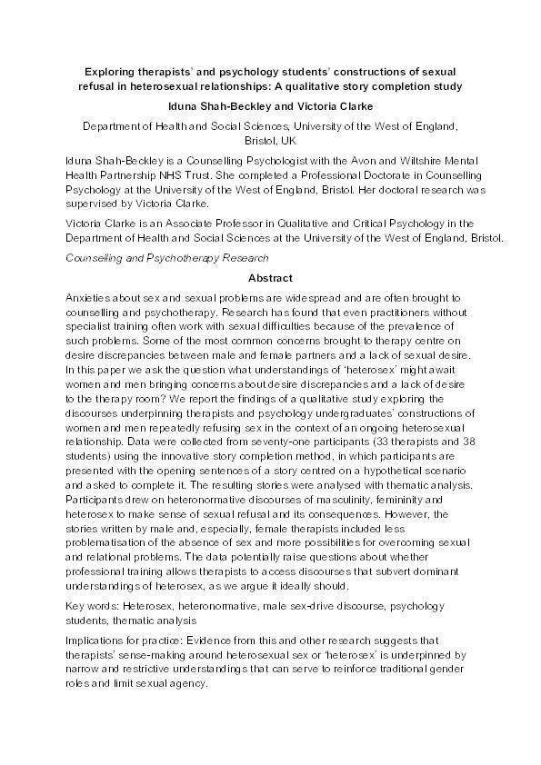 Exploring therapists' and psychology students' constructions of sexual refusal in heterosexual relationships: A qualitative story completion study Thumbnail