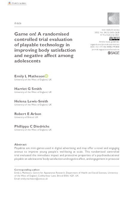 Game on! A randomised controlled trial evaluation of playable technology in improving body satisfaction and negative affect among adolescents Thumbnail