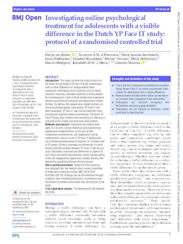 Investigating online psychological treatment for adolescents with a visible difference in the Dutch YP Face IT study: Protocol of a randomised controlled trial Thumbnail