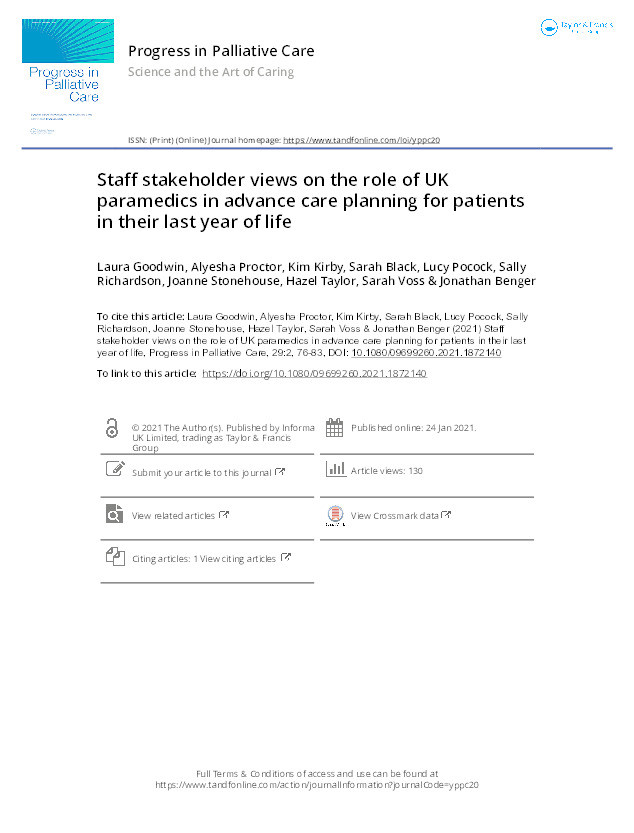 Staff stakeholder views on the role of UK paramedics in advance care planning for patients in their last year of life Thumbnail