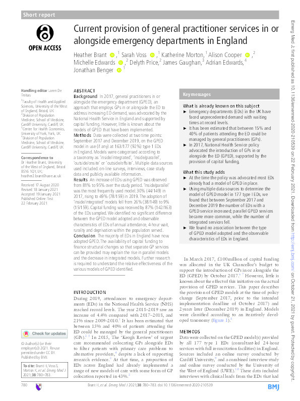 Current provision of general practitioner services in or alongside emergency departments in England Thumbnail