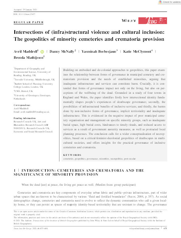 Intersections of (infra)structural violence and cultural inclusion: The geopolitics of minority cemeteries and crematoria provision Thumbnail