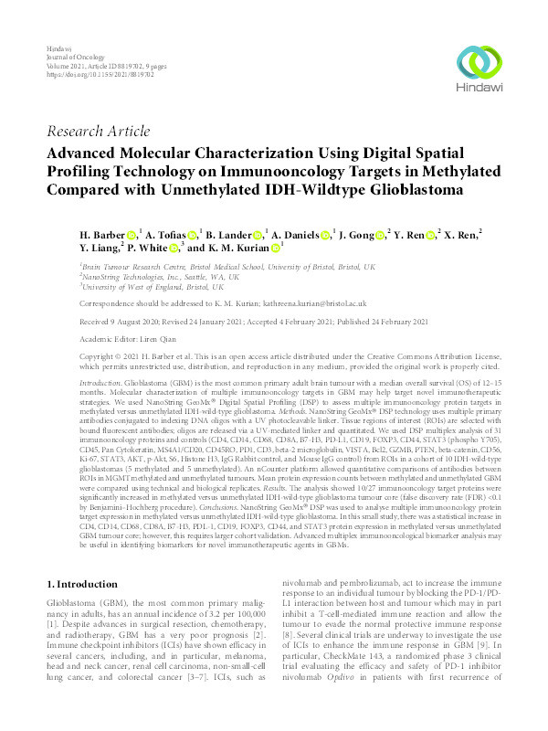 Advanced molecular characterization using Digital Spatial Profiling Technology on immuno-oncology targets in methylated compared with unmethylated IDH-wildtype glioblastoma Thumbnail
