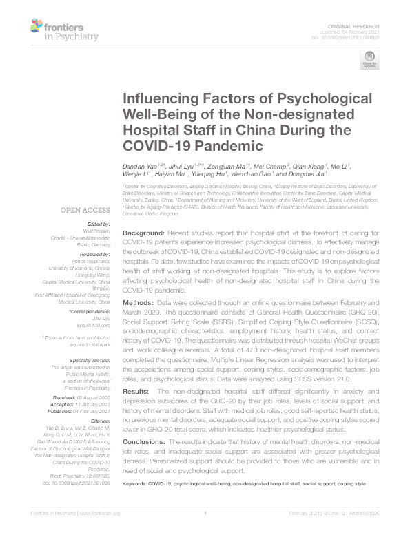 Influencing factors of psychological well-being of the non-designated hospital staff in China during the COVID-19 pandemic Thumbnail