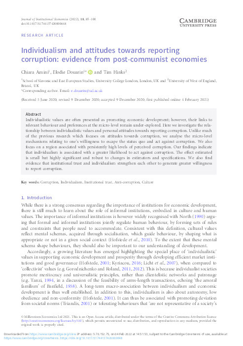 Individualism and attitudes towards reporting corruption: Evidence from post-communist economies Thumbnail