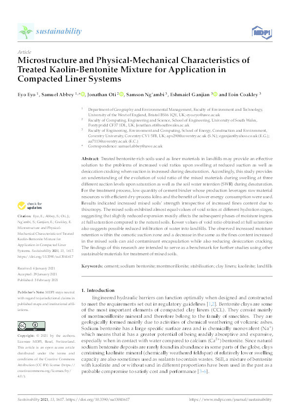 Microstructure and physical-mechanical characteristics of treated kaolin-bentonite mixture for application in compacted liner systems Thumbnail