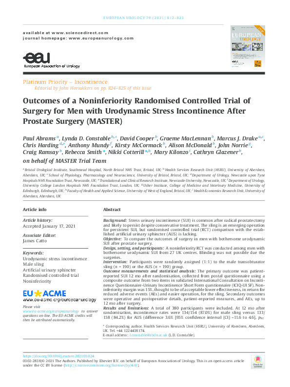 Outcomes of a noninferiority randomised controlled trial of surgery for men with urodynamic stress incontinence after prostate surgery (MASTER) Thumbnail