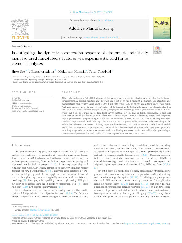 Investigating the dynamic compression response of elastomeric, additively manufactured fluid-filled structures via experimental and finite element analyses Thumbnail