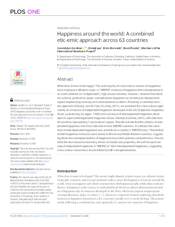 Happiness around the world: A combined etic-emic approach across 63 countries Thumbnail