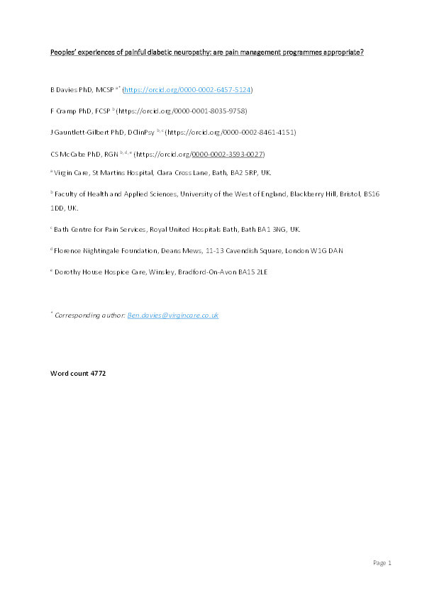 Peoples’ experiences of painful diabetic neuropathy: Are pain management programmes appropriate? Thumbnail