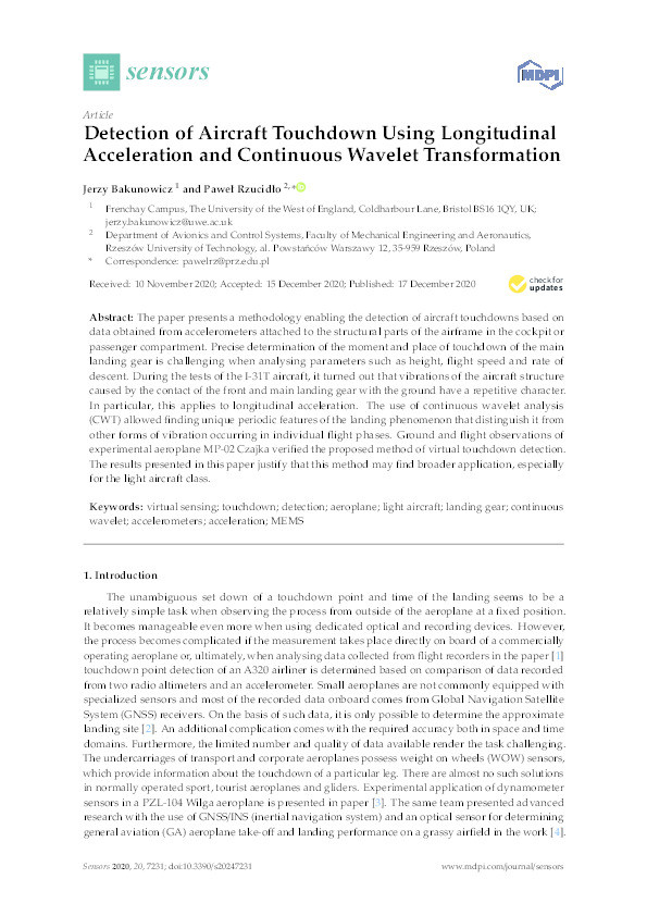 Detection of aircraft touchdown using longitudinal acceleration and continuous wavelet transformation Thumbnail
