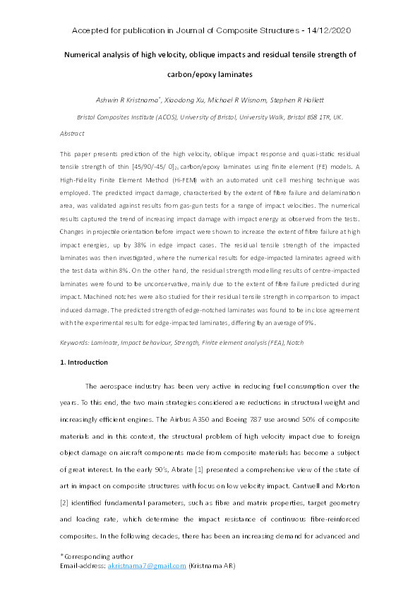 Numerical analysis of high velocity, oblique impacts and residual tensile strength of carbon/epoxy laminates Thumbnail