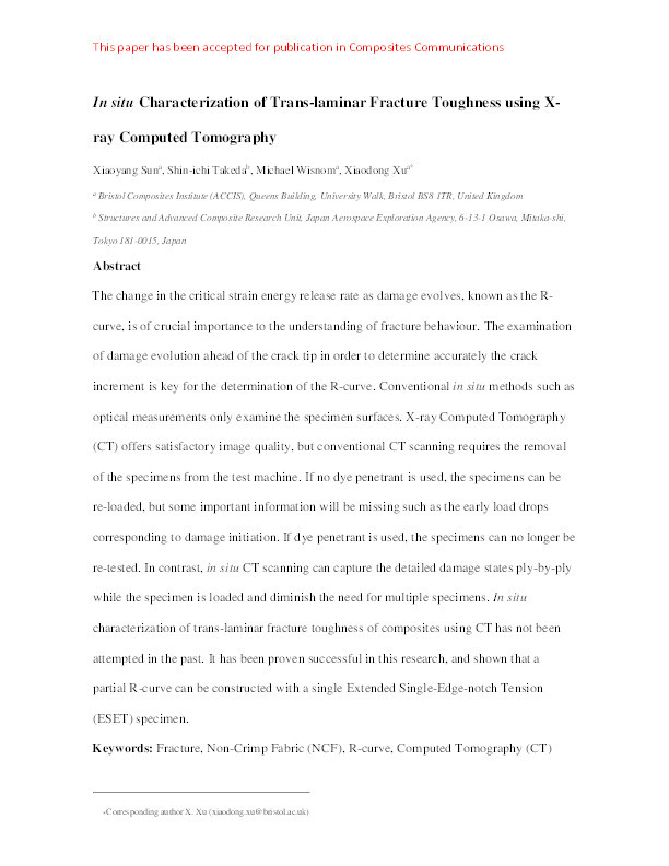 In situ characterization of trans-laminar fracture toughness using X-ray Computed Tomography Thumbnail