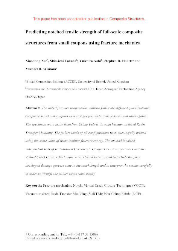 Predicting notched tensile strength of full-scale composite structures from small coupons using fracture mechanics Thumbnail