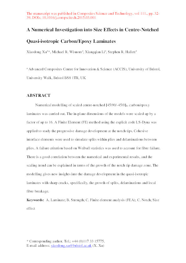 A numerical investigation into size effects in centre-notched quasi-isotropic carbon/epoxy laminates Thumbnail