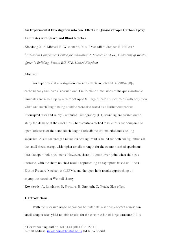 An experimental investigation into size effects in quasi-isotropic carbon/epoxy laminates with sharp and blunt notches Thumbnail