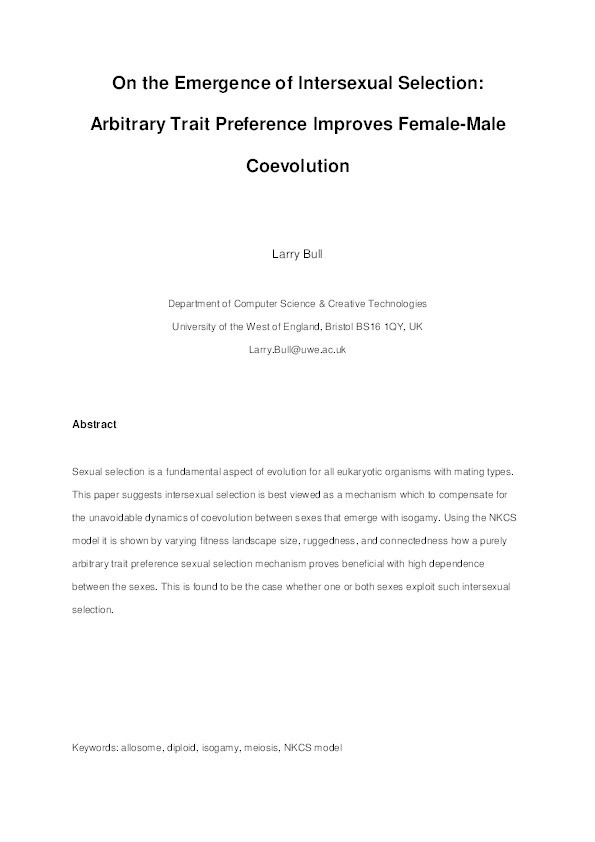 On the emergence of intersexual selection: Arbitrary trait preference improves female-male coevolution Thumbnail