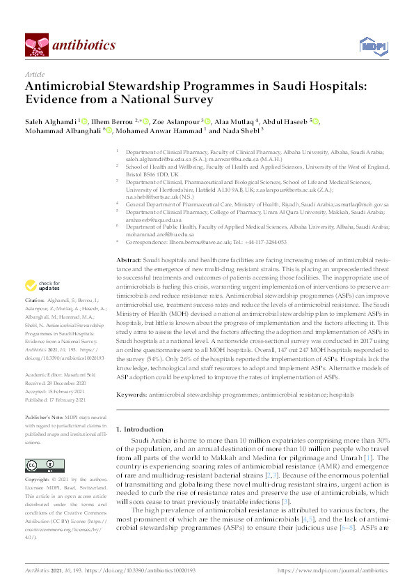 Antimicrobial stewardship programmes in Saudi hospitals: Evidence from a national survey Thumbnail