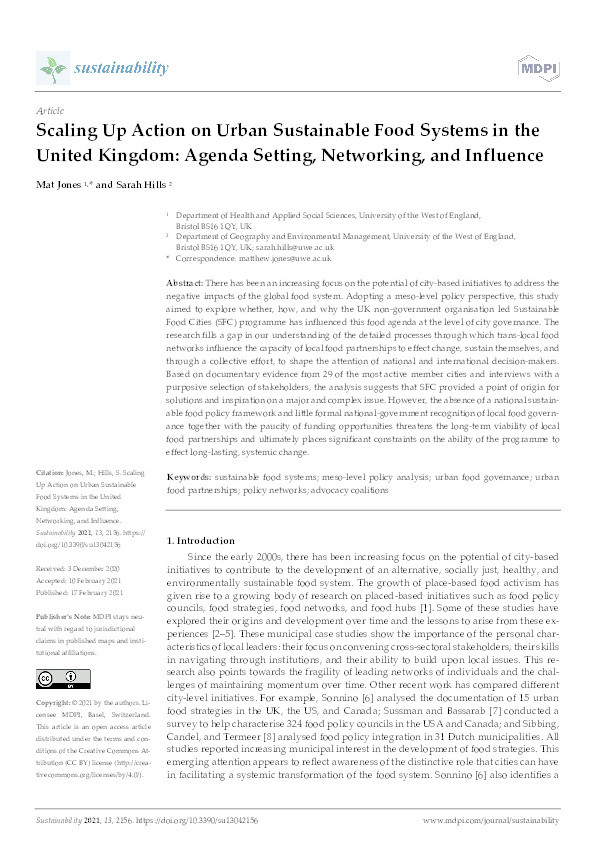 Scaling up action on urban sustainable food systems in the United Kingdom: Agenda setting, networking, and influence Thumbnail