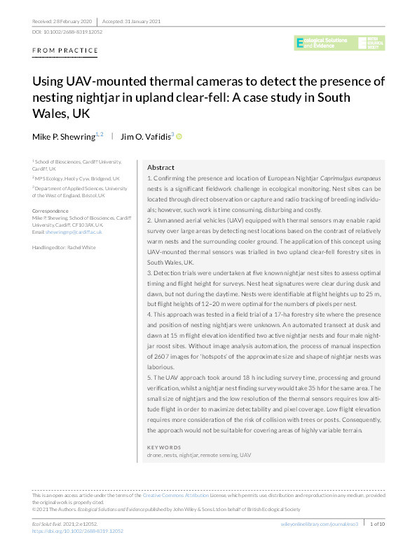 Using UAV-mounted thermal cameras to detect the presence of nesting nightjar in upland clear-fell: A case study in South Wales, UK Thumbnail