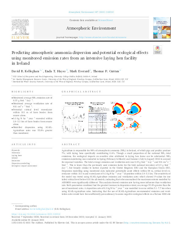 Predicting atmospheric ammonia dispersion and potential ecological effects using monitored emission rates from an intensive laying hen facility in Ireland Thumbnail