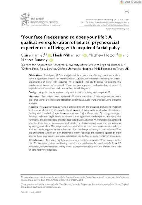 ‘Your face freezes and so does your life’: A qualitative exploration of adults’ psychosocial experiences of living with acquired facial palsy Thumbnail