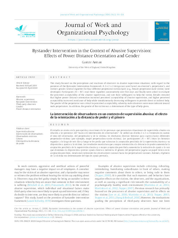 Bystander intervention in the context of abusive supervision: Effects of power distance orientation and gender Thumbnail