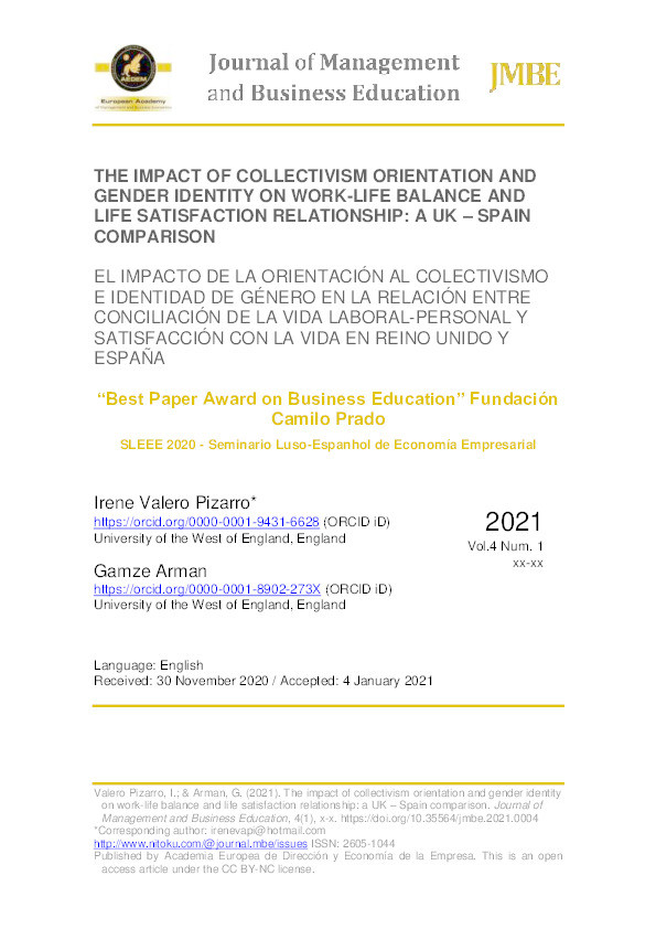 The impact of collectivism orientation and gender identity on work-life balance and life satisfaction relationship: A UK –Spain comparison Thumbnail