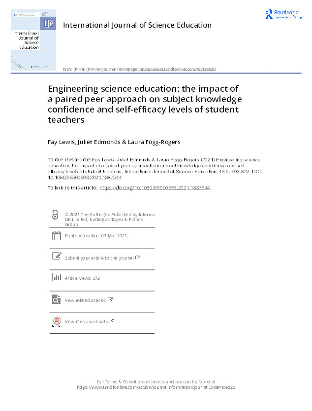 Engineering science education: The impact of a paired peer approach on subject knowledge confidence and self-efficacy levels of student teachers Thumbnail