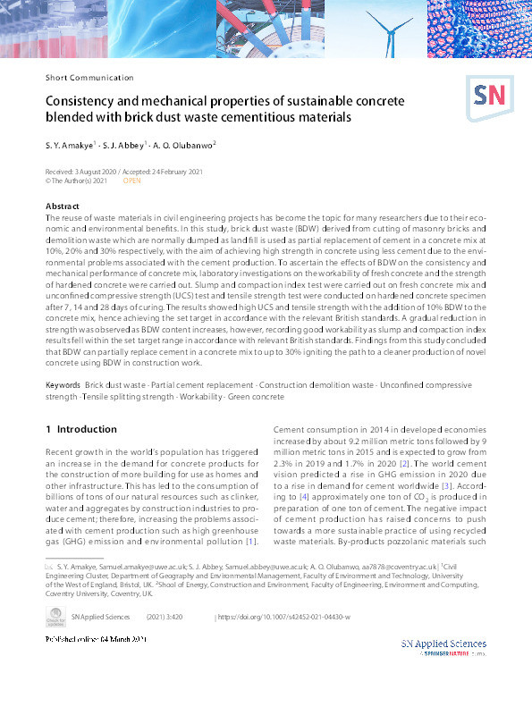 Consistency and mechanical properties of sustainable concrete blended with brick dust waste cementitious materials Thumbnail