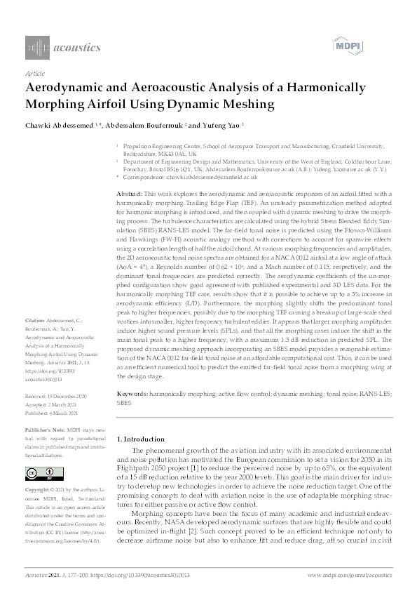 Aerodynamic and aeroacoustic analysis of a harmonically morphing airfoil using dynamic meshing Thumbnail