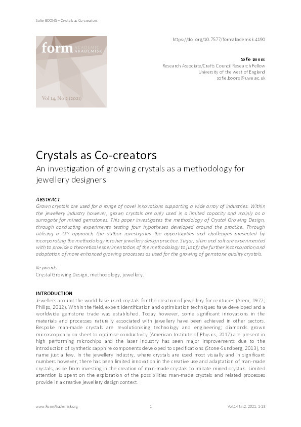 Crystals as co-creators: An investigation of growing crystals as a methodology for jewellery designers Thumbnail