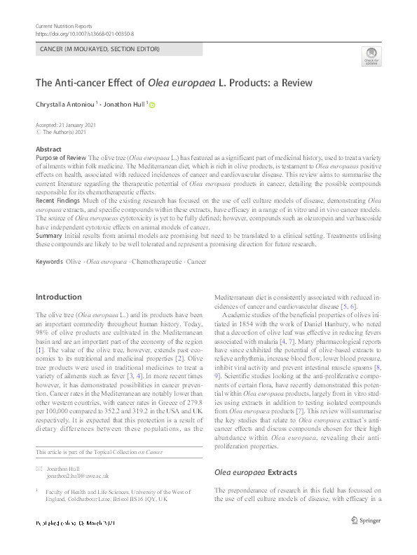 The anti-cancer effect of Olea europaea L. products: A review Thumbnail