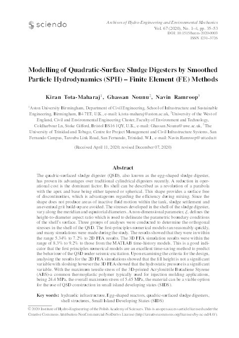 Modelling of quadratic-surface sludge digesters by smoothed particle hydrodynamics (SPH) – Finite element (FE) methods Thumbnail