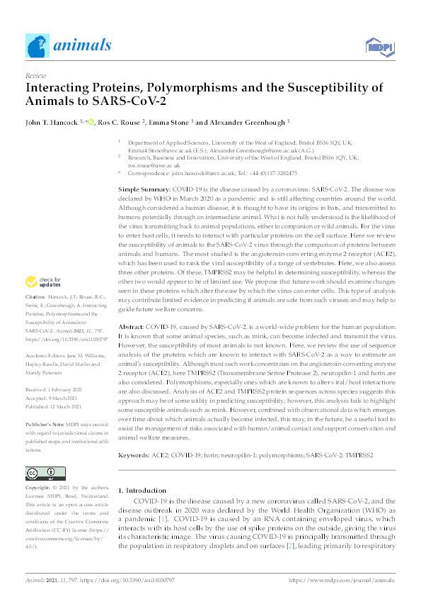 Interacting proteins, polymorphisms and the susceptibility of animals to SARS-CoV-2 Thumbnail