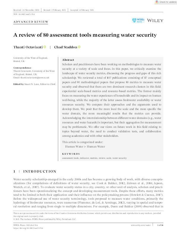 A review of 80 assessment tools measuring water security Thumbnail
