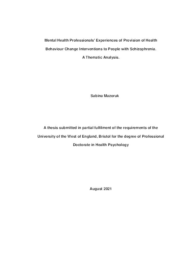 Mental health professionals' experiences of provision of health behaviour change interventions to people with schizophrenia: A thematic analysis Thumbnail