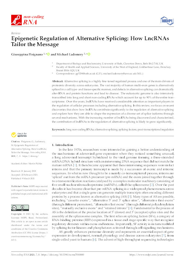 Epigenenetic regulation of alternative splicing: How lncRNAs tailor the message Thumbnail