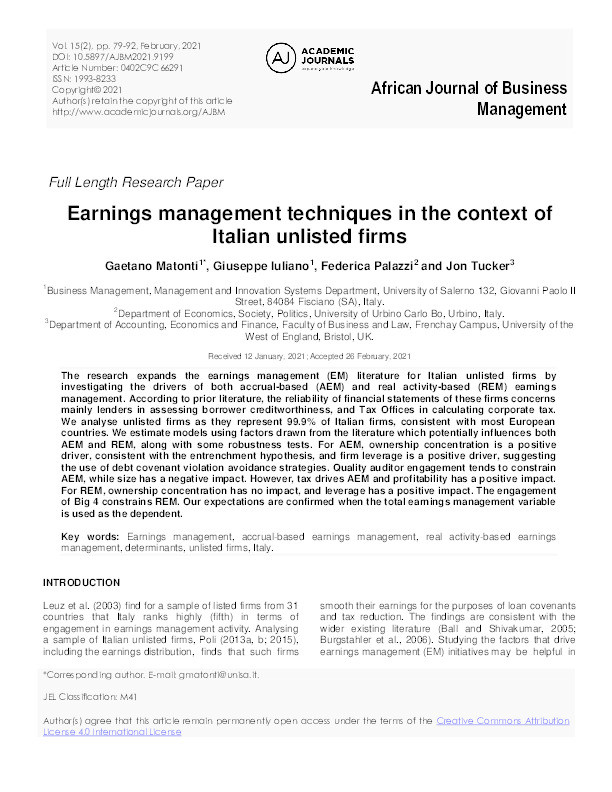 Earnings management techniques in the context of Italian unlisted firms Thumbnail