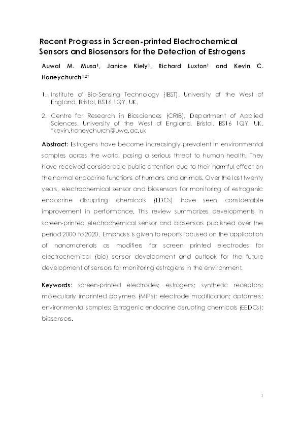 Recent progress in screen-printed electrochemical sensors and biosensors for the detection of estrogens Thumbnail