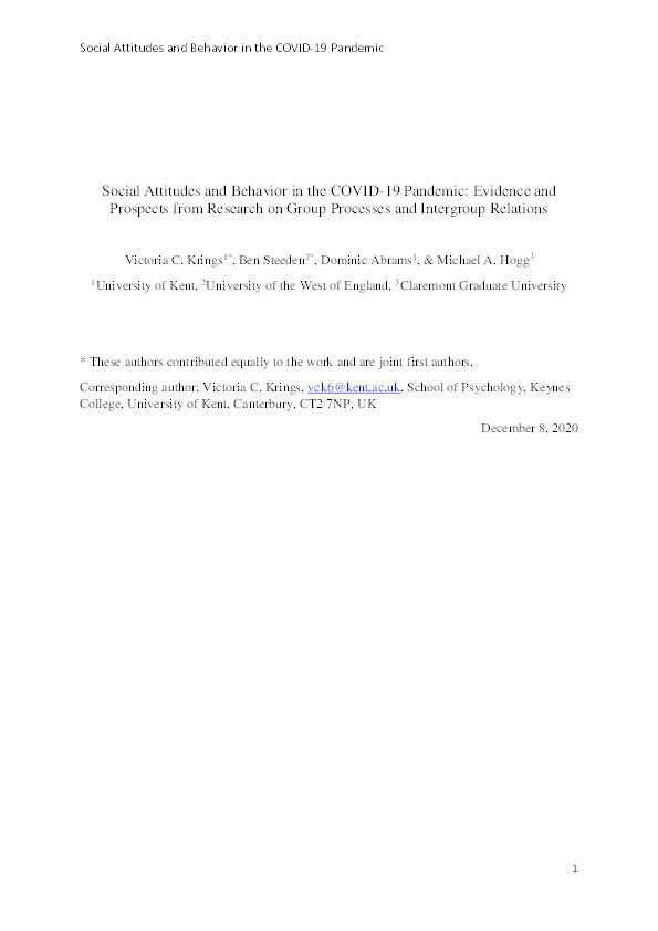 Social attitudes and behavior in the COVID-19 pandemic: Evidence and prospects from research on group processes and intergroup relations Thumbnail