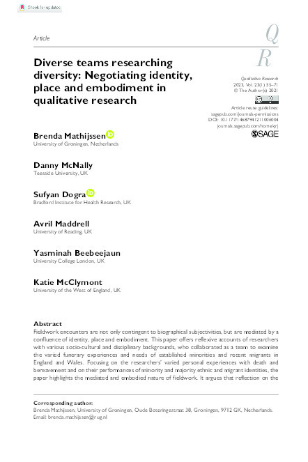 Diverse teams researching diversity: Negotiating identity, place and embodiment in qualitative research Thumbnail