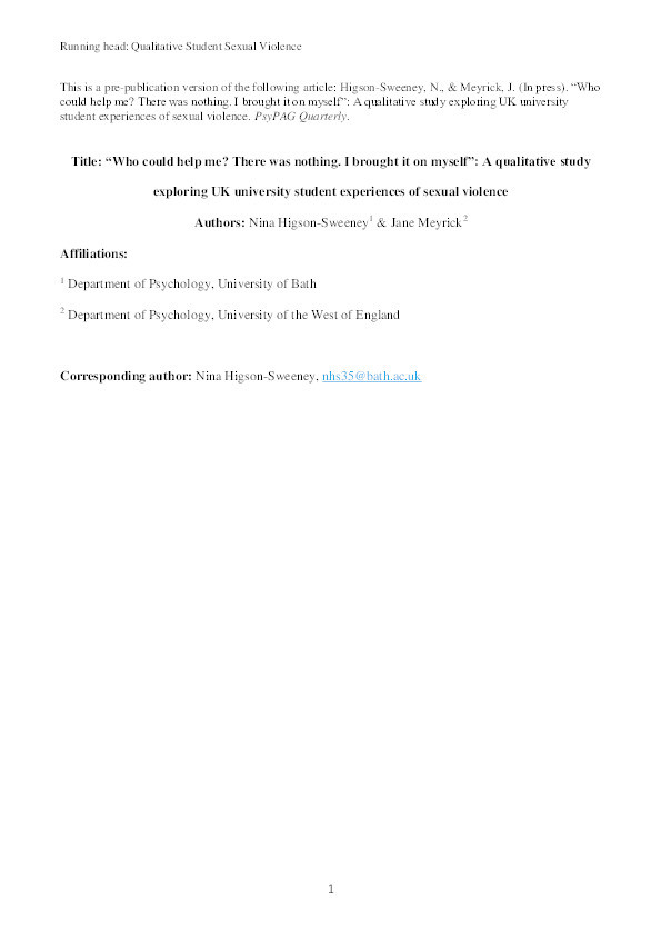 “Who could help me? There was nothing. I brought it on myself”: A qualitative study exploring UK university student experiences of sexual violence Thumbnail