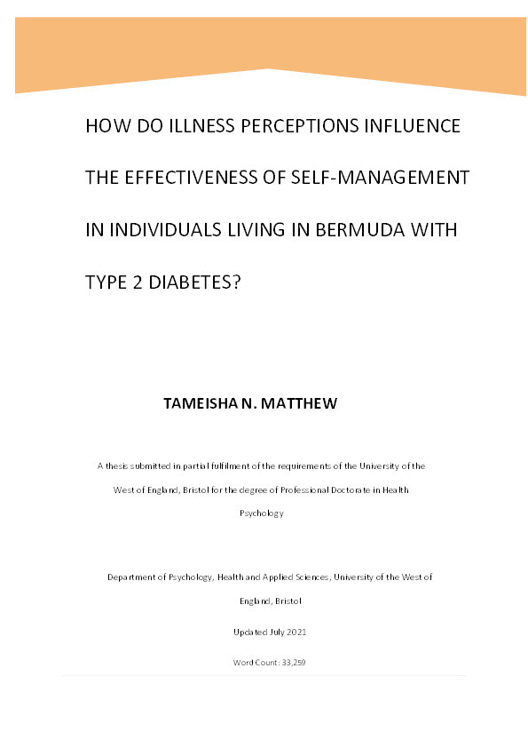 How do illness perceptions influence the effectiveness of self-management in individuals living in Bermuda with type 2 diabetes? Thumbnail